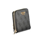 Black Guess Jeans women's wallet made of polyethylene, featuring multiple card slots and a sleek design.