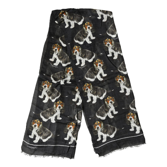 Dolce & Gabbana Black Dog Print Modal Wool Wrap Foulard 178cm X 63cm Scarf
