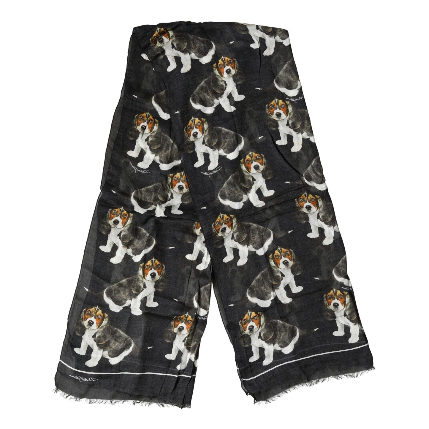 Dolce & Gabbana Black Dog Print Modal Wool Wrap Foulard 178cm X 63cm Scarf
