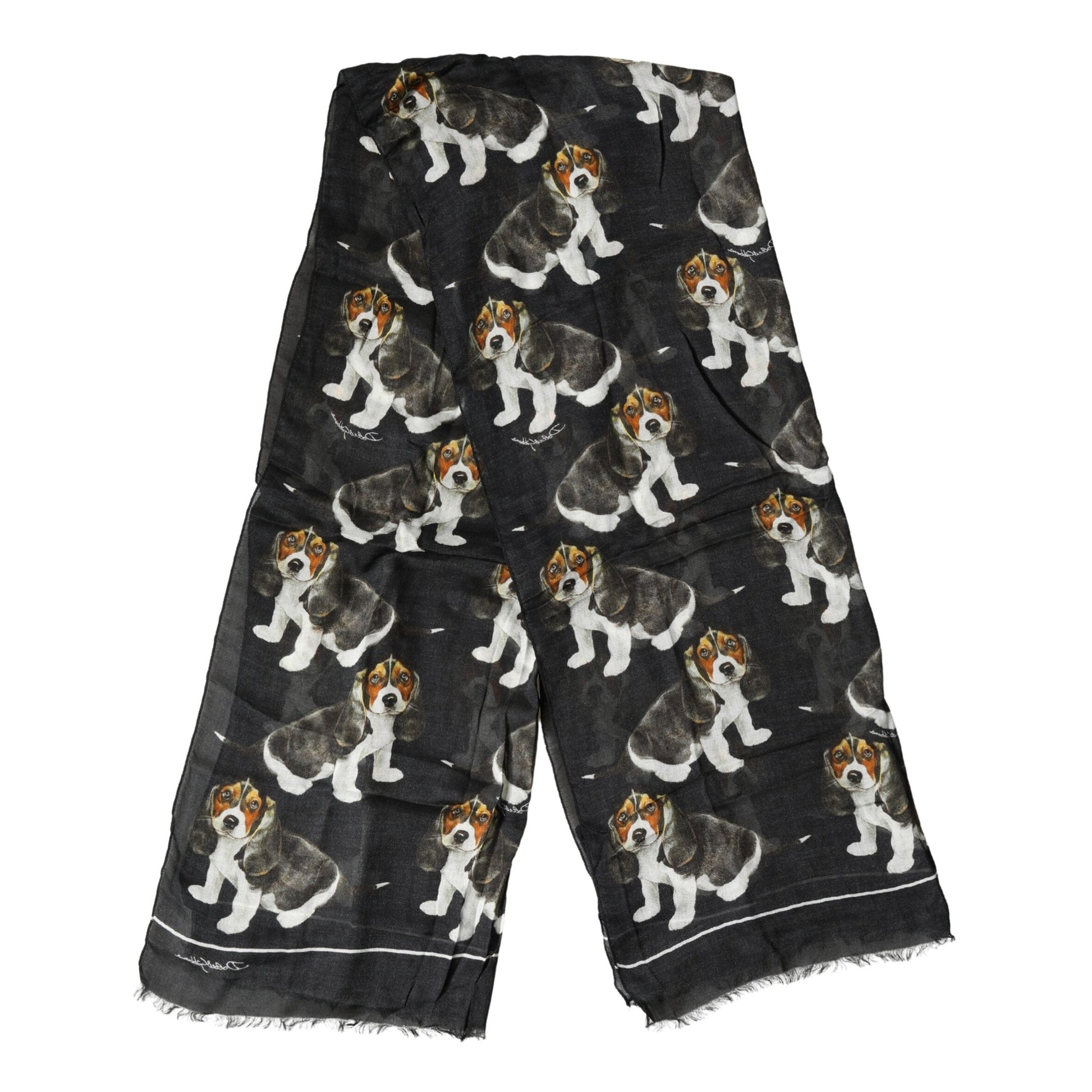 Dolce & Gabbana Black Dog Print Modal Wool Wrap Foulard 178cm X 63cm Scarf