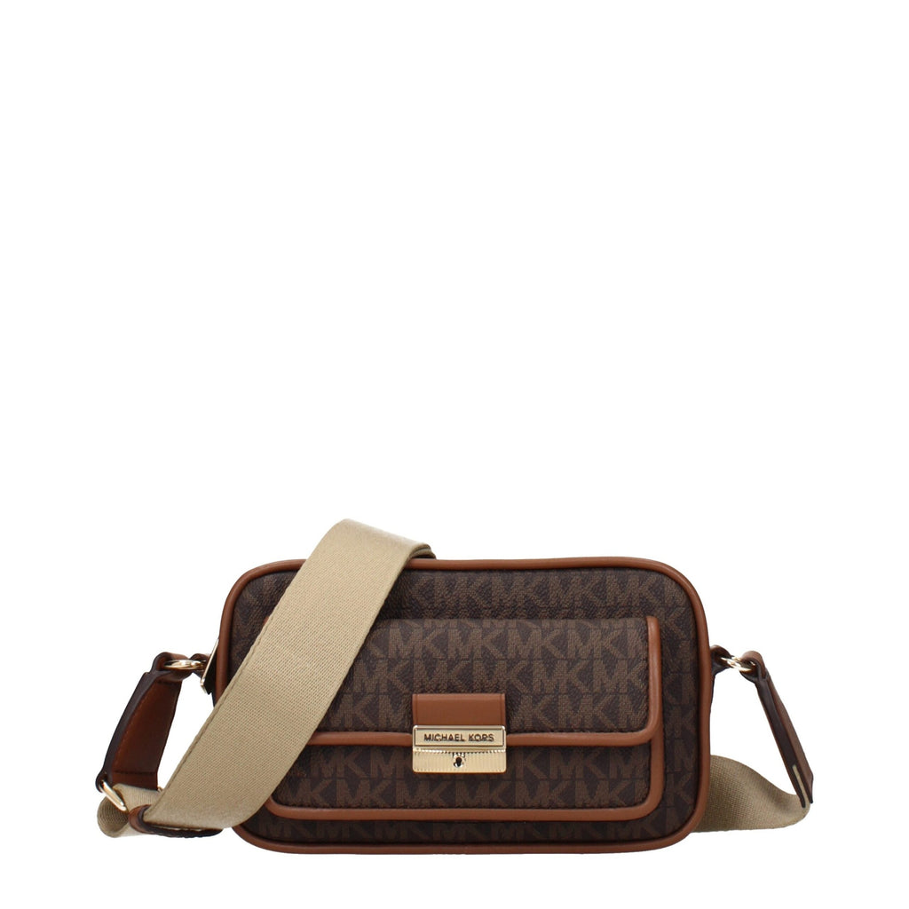 Michael Kors brown fabric crossbody bag with adjustable strap and gold-tone hardware, stylish and practical accessory.