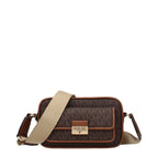 Michael Kors brown fabric crossbody bag with adjustable strap and gold-tone hardware, stylish and practical accessory.