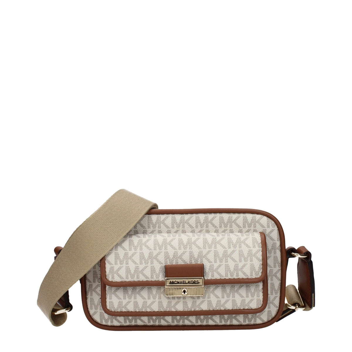 Michael Kors beige fabric crossbody bag with adjustable strap and gold-tone hardware on a plain background.