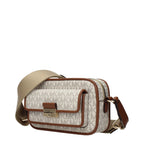 Beige fabric Michael Kors crossbody bag with adjustable strap and metal logo detail, perfect for casual or chic outfits.