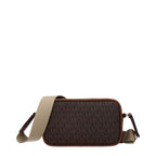 Michael Kors brown fabric crossbody bag with adjustable strap and zippered closure, stylish and compact for everyday use.