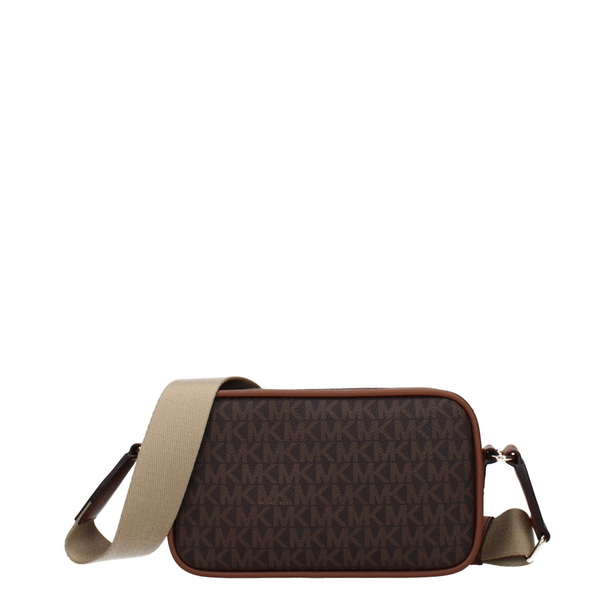 Michael Kors brown fabric crossbody bag with adjustable strap and zippered closure, stylish and compact for everyday use.