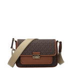 Michael Kors brown fabric crossbody bag with adjustable strap and gold-tone hardware, stylish accessory for everyday wear.