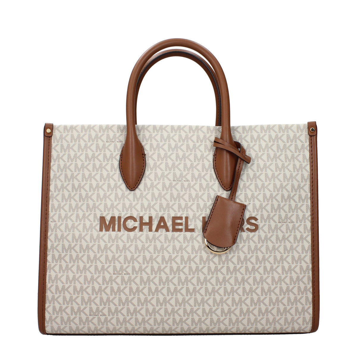 Michael Kors beige fabric handbag with structured design and top handles, featuring subtle branding and elegant stitching details.