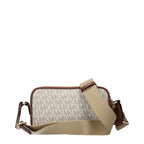 Michael Kors beige fabric crossbody bag with adjustable strap and gold-tone hardware, stylish and lightweight for everyday use.