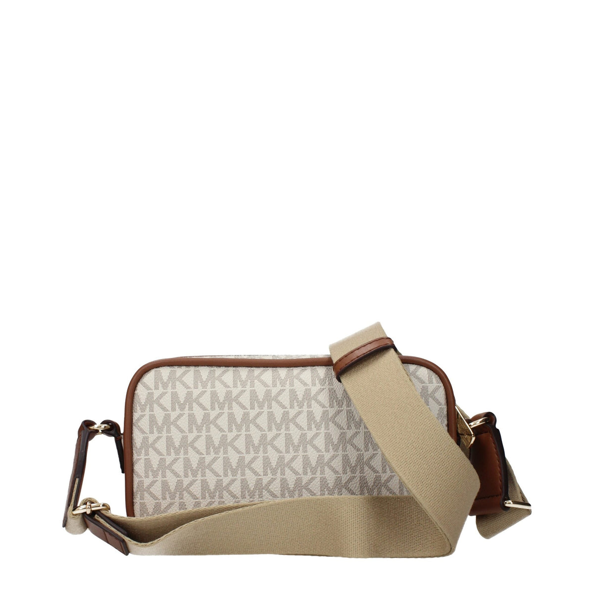 Michael Kors beige fabric crossbody bag with adjustable strap and gold-tone hardware, stylish and lightweight for everyday use.