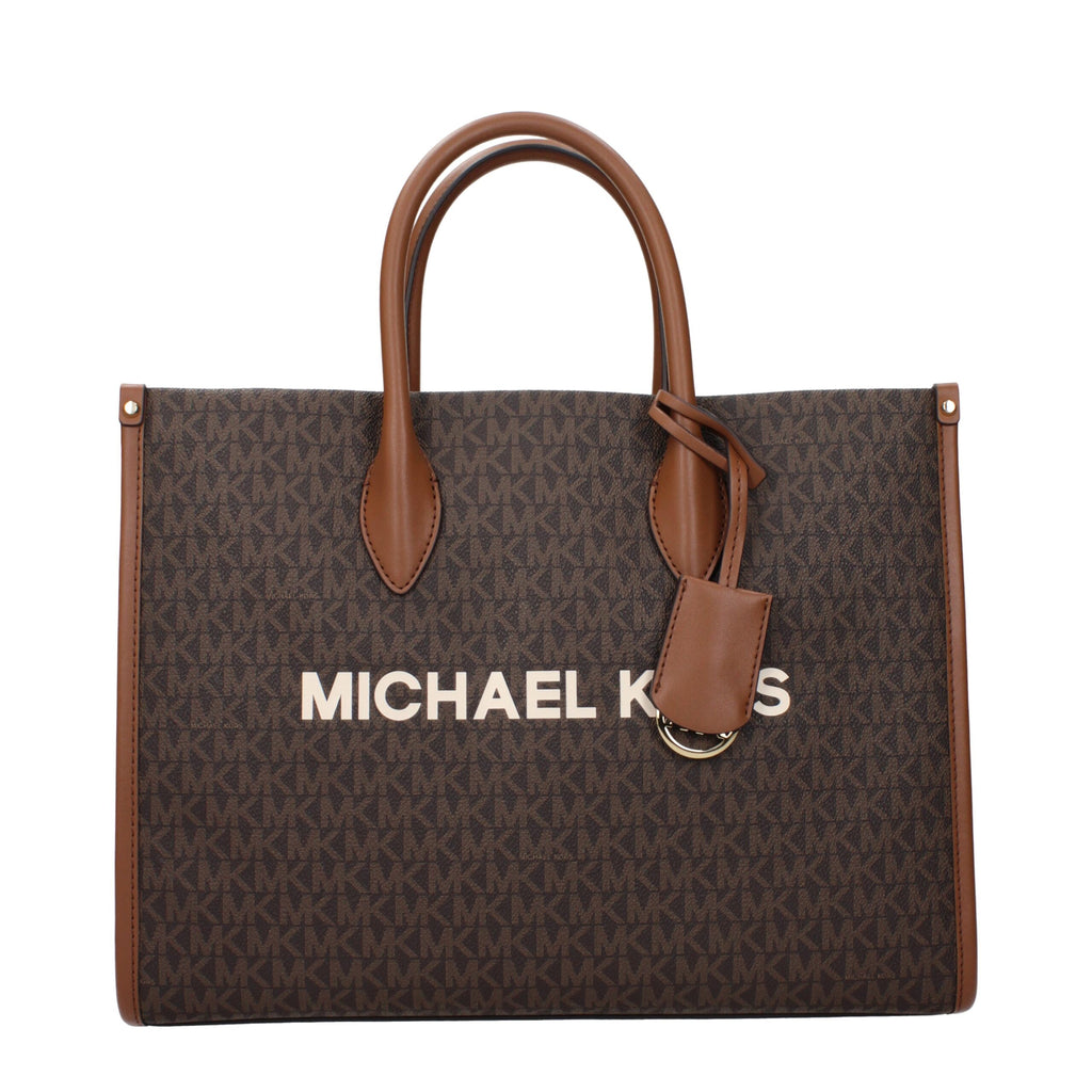 Michael Kors brown fabric handbag with top handles and gold-tone hardware, stylish and spacious for everyday use.