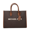 Michael Kors brown fabric handbag with top handles and gold-tone hardware, stylish and spacious for everyday use.