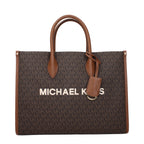 Michael Kors brown fabric handbag with top handles and gold-tone hardware, stylish and spacious for everyday use.