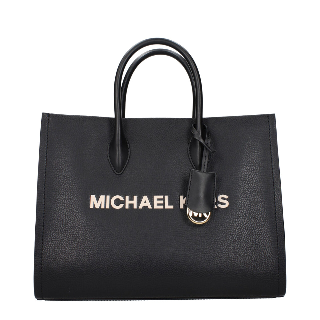 Black leather Michael Kors handbag with gold-tone hardware and structured design, featuring top handles and a sleek, elegant look.