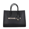 Black leather Michael Kors handbag with gold-tone hardware and structured design, featuring top handles and a sleek, elegant look.