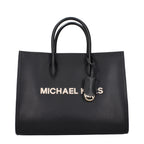 Black leather Michael Kors handbag with gold-tone hardware and structured design, featuring top handles and a sleek, elegant look.