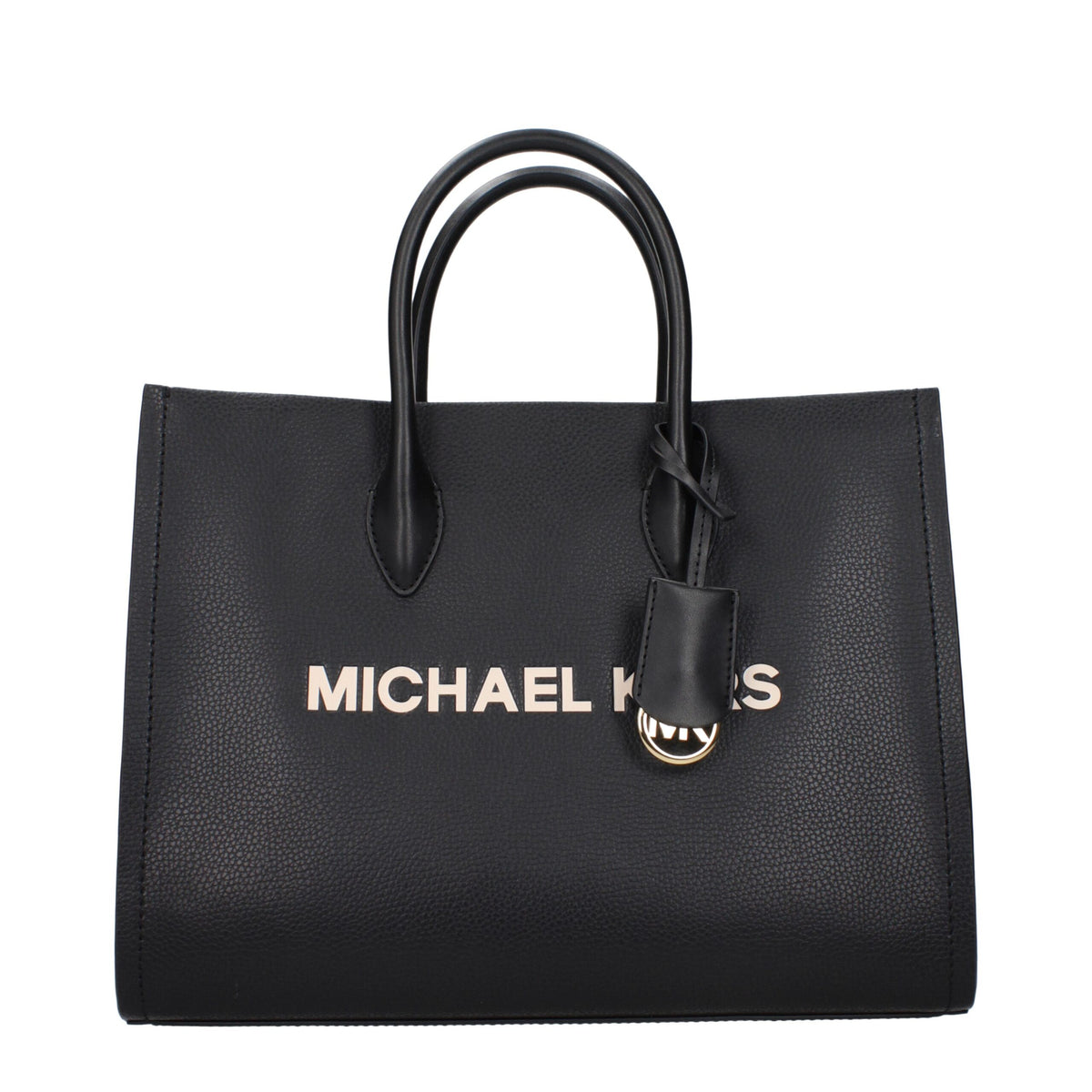 Black leather Michael Kors handbag with gold-tone hardware and structured design, featuring top handles and a sleek, elegant look.