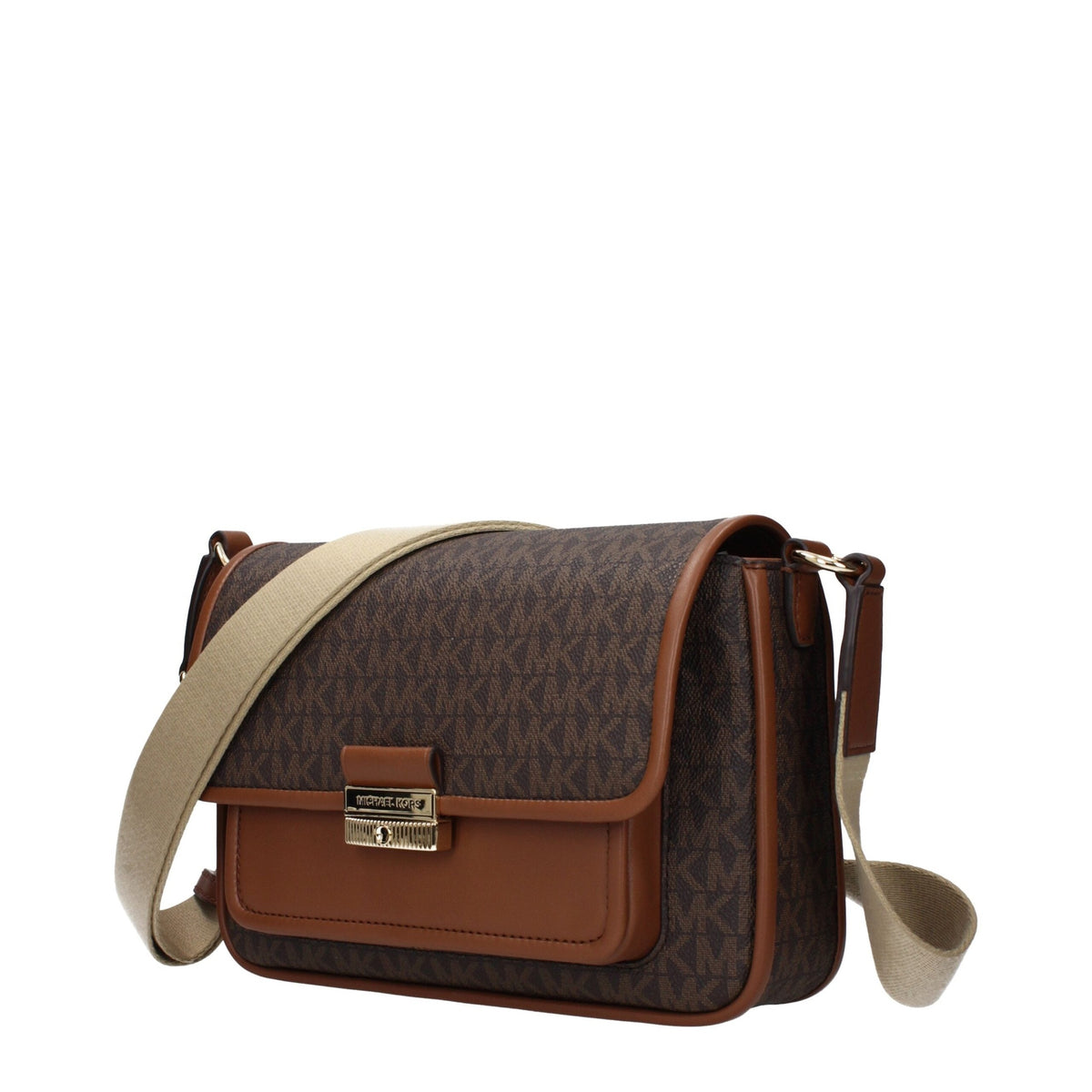 Michael Kors brown fabric crossbody bag with adjustable strap and gold-tone hardware, stylish accessory for everyday use.