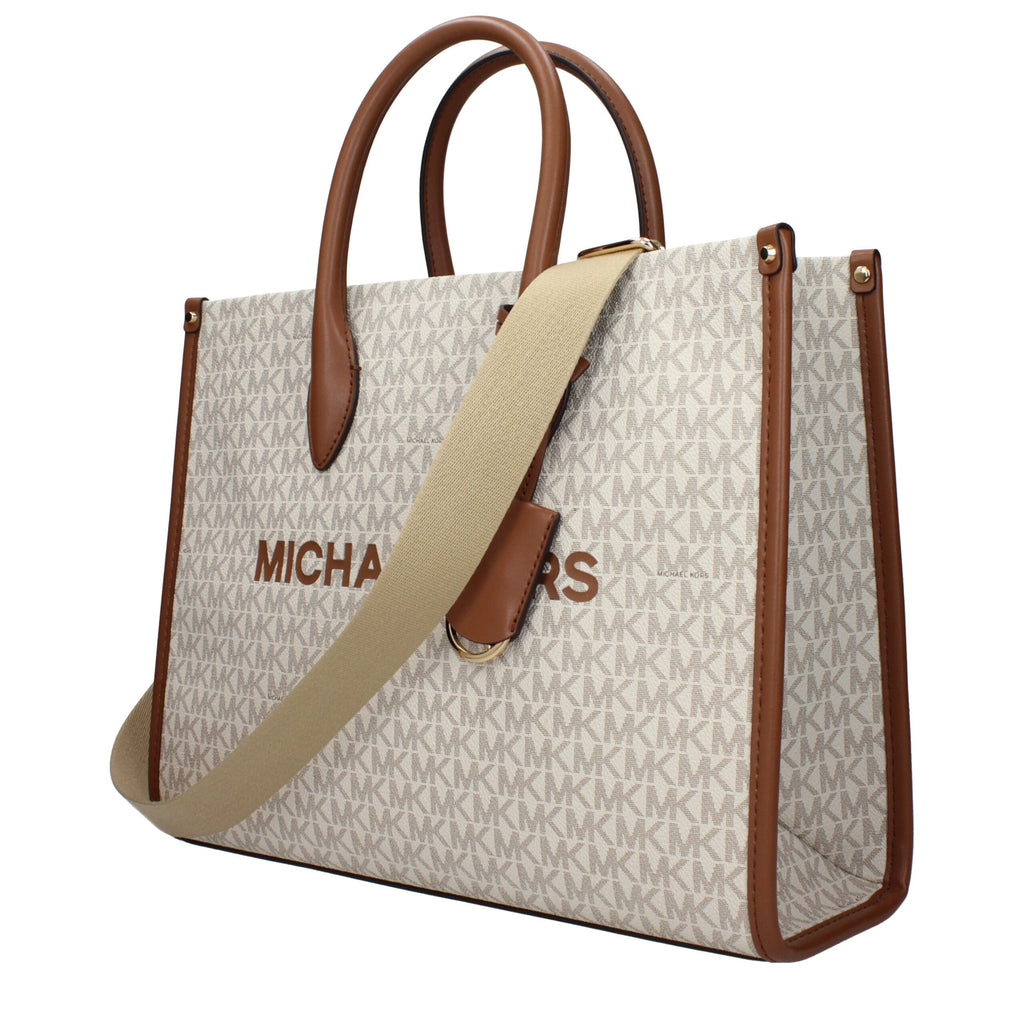 Michael Kors beige fabric handbag with structured design and gold-tone hardware, featuring top handles and a spacious interior.