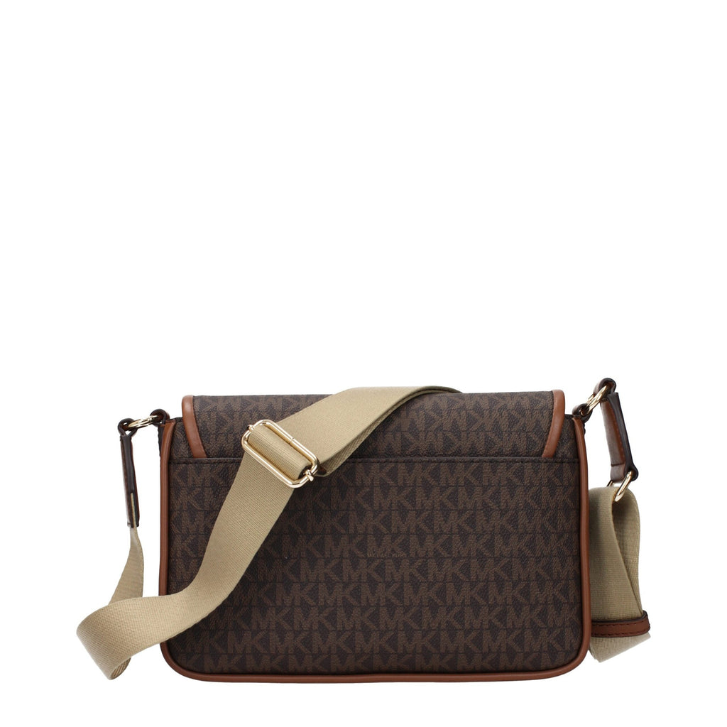 Michael Kors brown fabric crossbody bag with adjustable strap and gold-tone hardware, showcasing stylish and functional design.