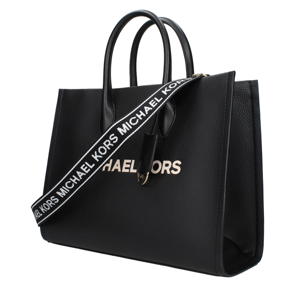 Black leather Michael Kors handbag with gold-tone hardware and structured design, featuring top handles and a spacious interior.