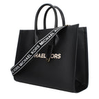 Black leather Michael Kors handbag with gold-tone hardware and structured design, featuring top handles and a spacious interior.