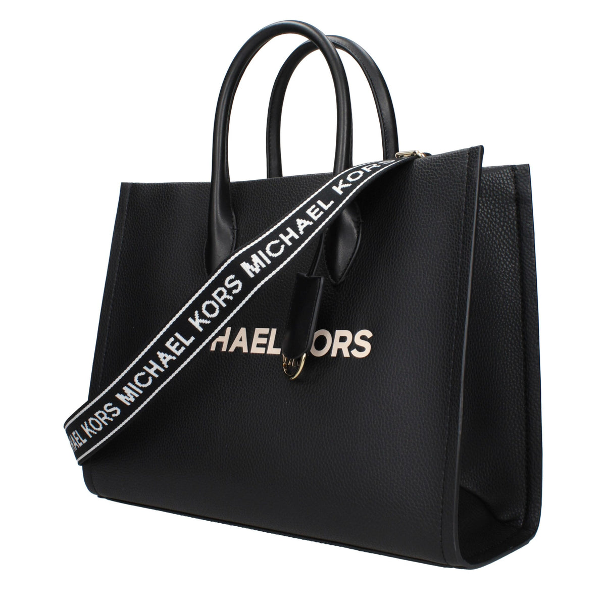 Black leather Michael Kors handbag with gold-tone hardware and structured design, featuring top handles and a spacious interior.