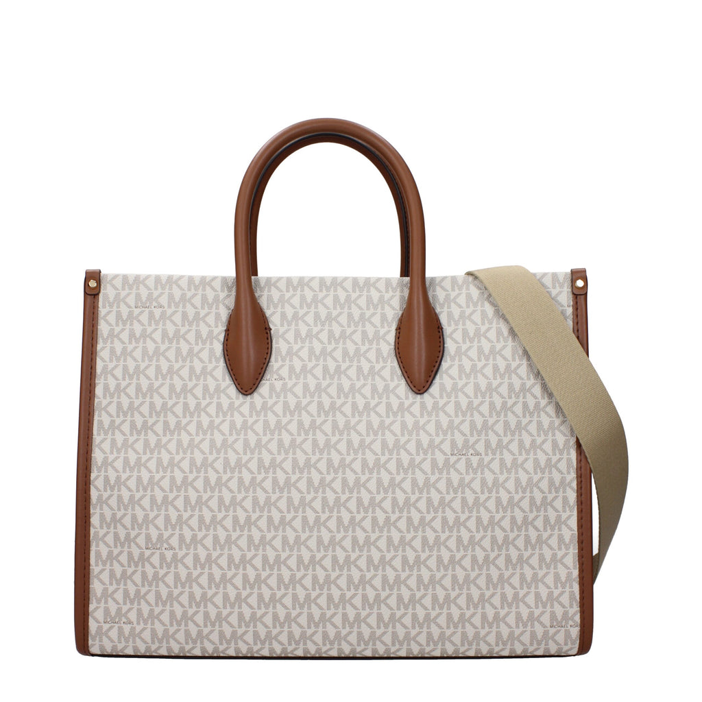 Michael Kors beige fabric handbag with top handles and gold-tone hardware, stylish and spacious for everyday use.