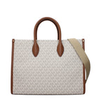 Michael Kors beige fabric handbag with top handles and gold-tone hardware, stylish and spacious for everyday use.