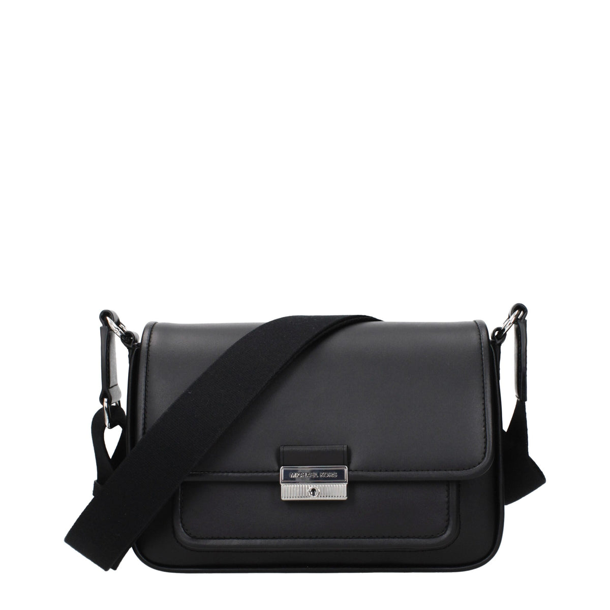 Michael Kors black leather crossbody bag with silver hardware and adjustable strap, showcasing a sleek and stylish design.