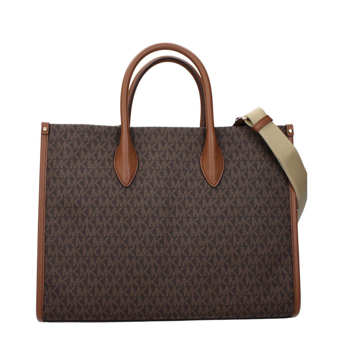 Michael Kors brown fabric handbag with top handles and zip closure, showcasing a stylish and versatile accessory for everyday use.