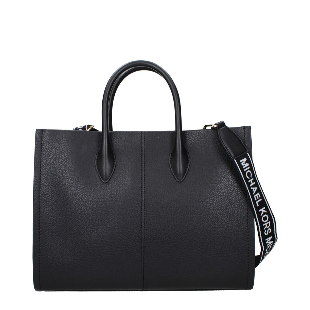 Black leather Michael Kors handbag with silver hardware and structured design, featuring top handles and a sleek, elegant appearance.