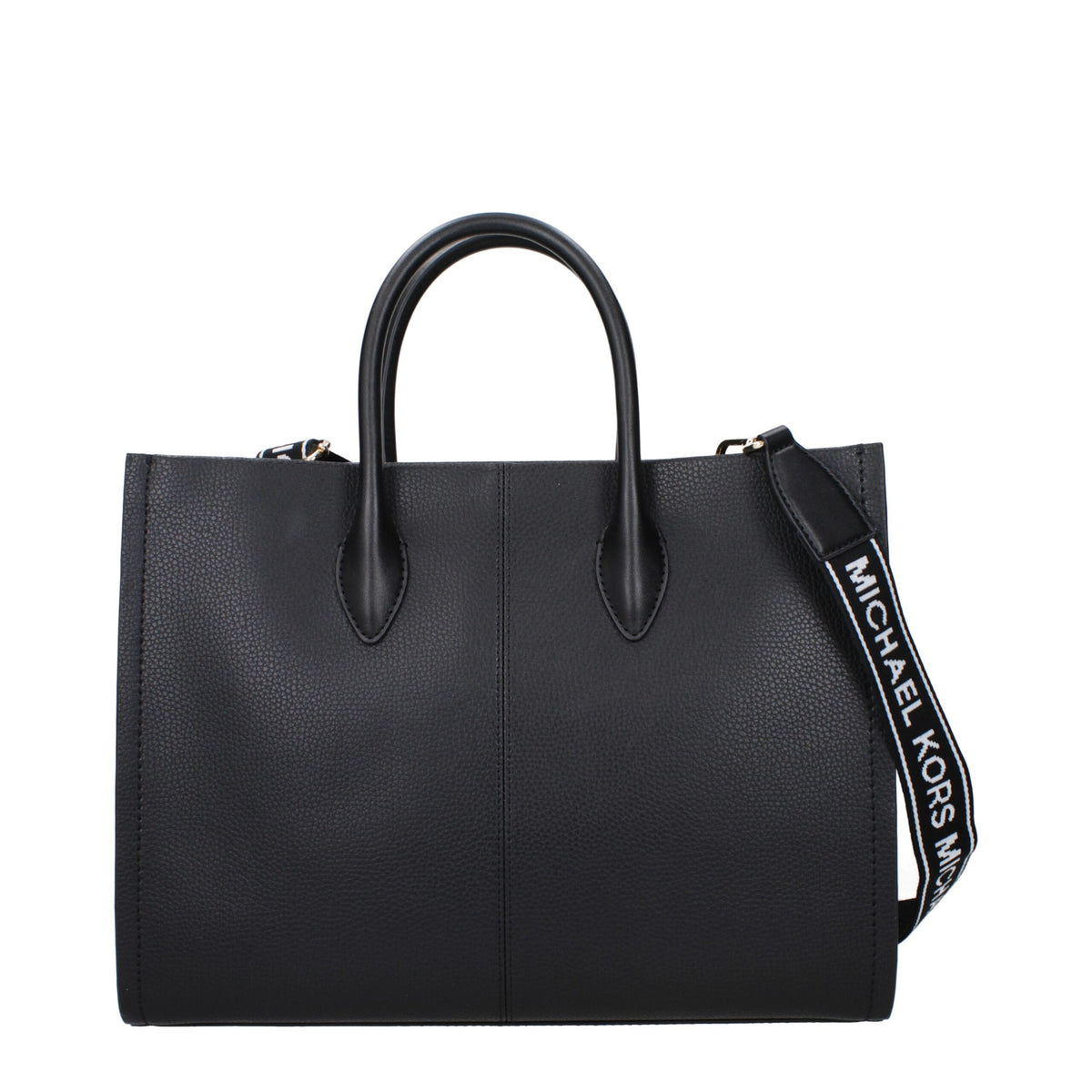 Black leather Michael Kors handbag with silver hardware and structured design, featuring top handles and a sleek, elegant appearance.