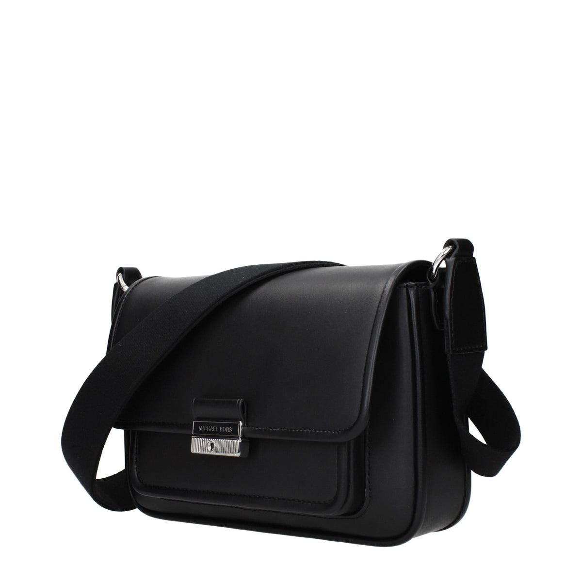Black leather crossbody bag by Michael Kors with gold-tone hardware and adjustable strap, featuring a sleek, structured design.