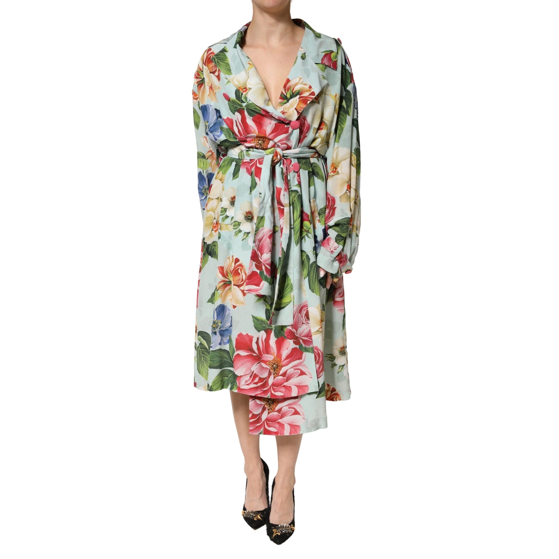 Dolce & Gabbana Green Floral Silk Wrap Midi Long Sleeve Dress