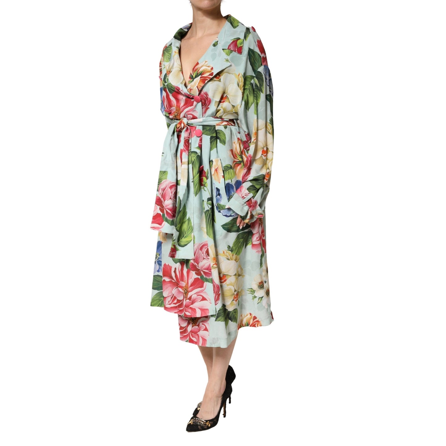 Dolce & Gabbana Green Floral Silk Wrap Midi Long Sleeve Dress