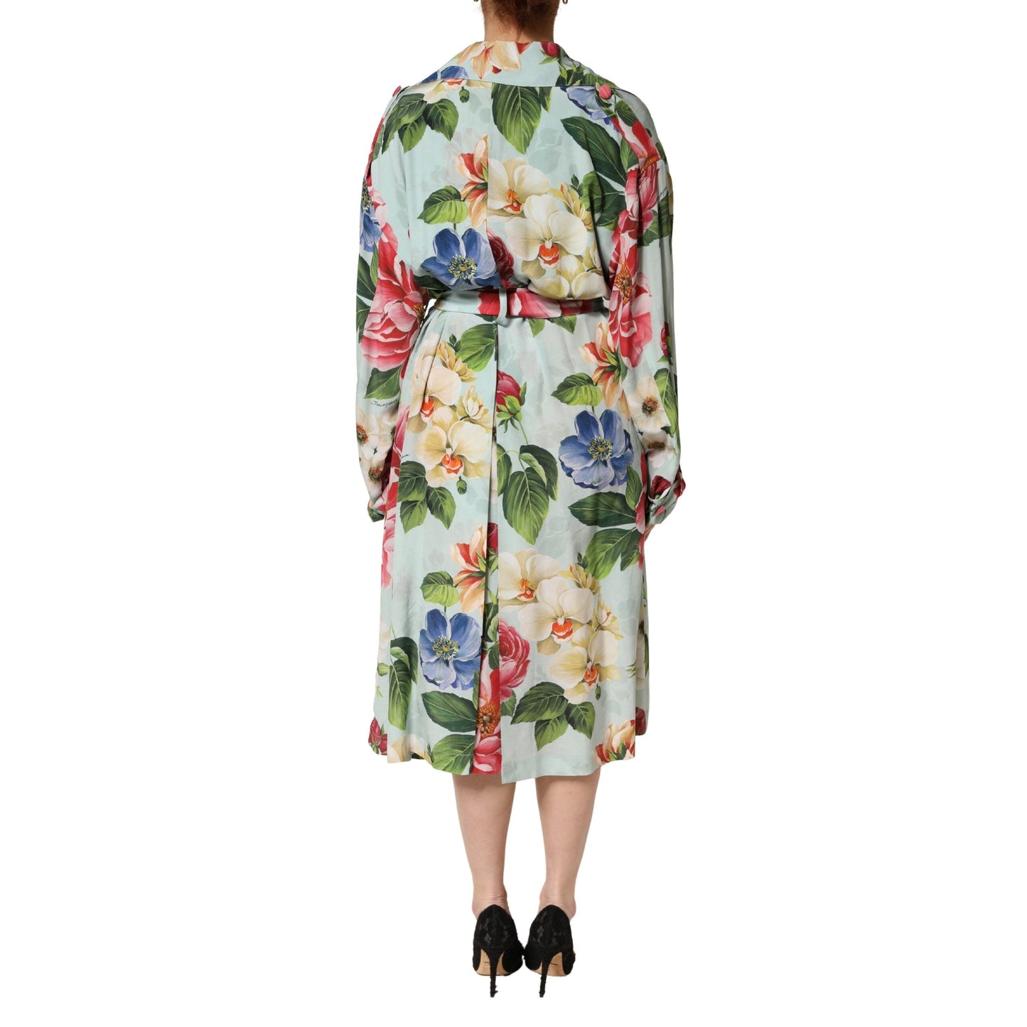 Dolce & Gabbana Green Floral Silk Wrap Midi Long Sleeve Dress