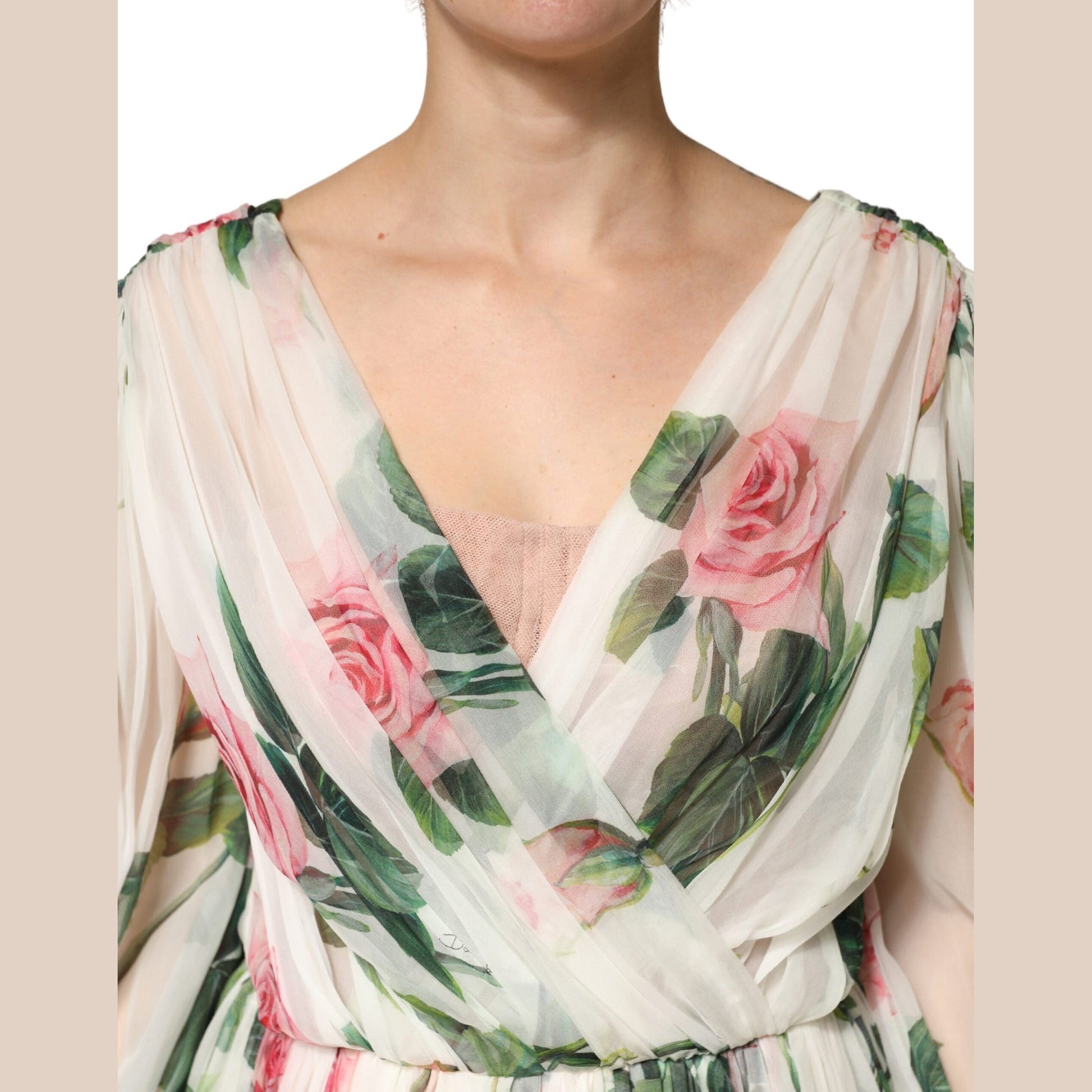 Dolce & Gabbana Green Floral Silk Wrap Midi Long Sleeve Dress