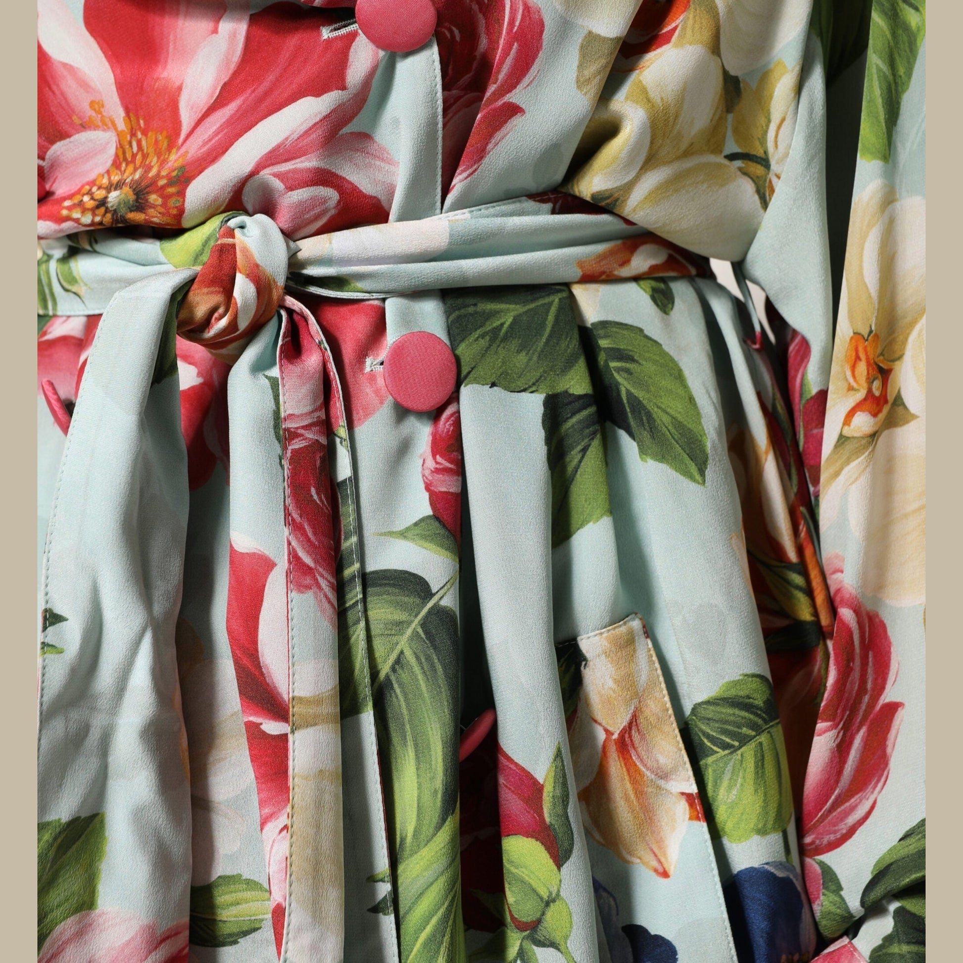 Dolce & Gabbana Green Floral Silk Wrap Midi Long Sleeve Dress