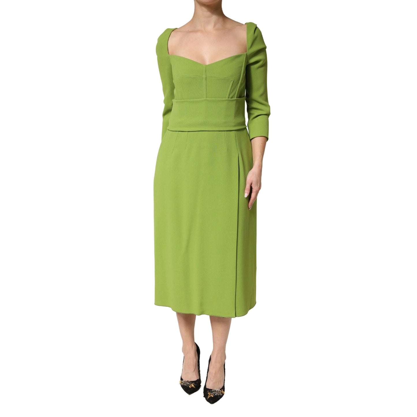 Dolce & Gabbana Green Silk Sweetheart Neckline Midi Dress
