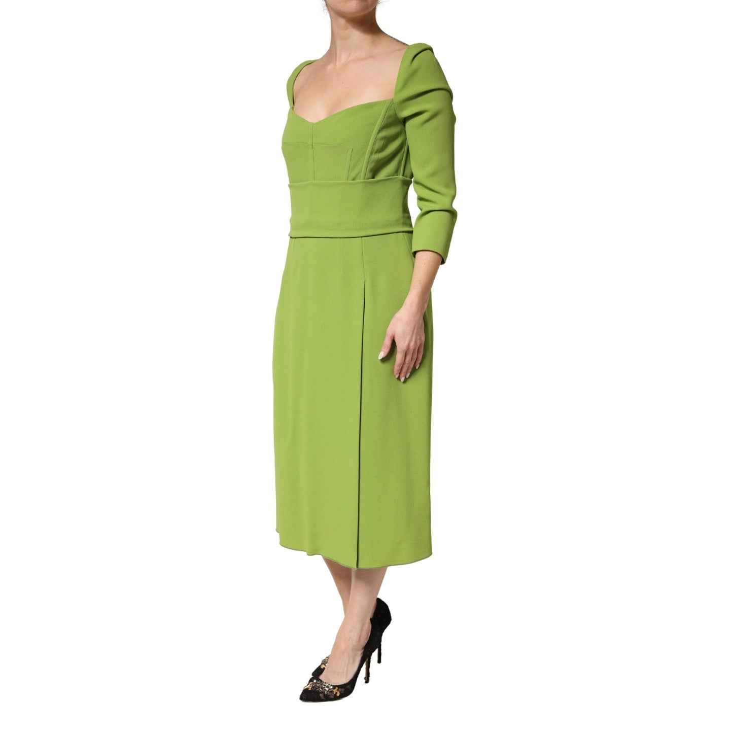 Dolce & Gabbana Green Silk Sweetheart Neckline Midi Dress
