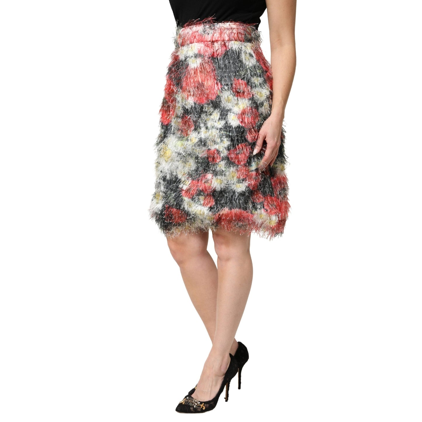 Dolce & Gabbana Multicolor Floral Textured Faux Fur Pencil Skirt