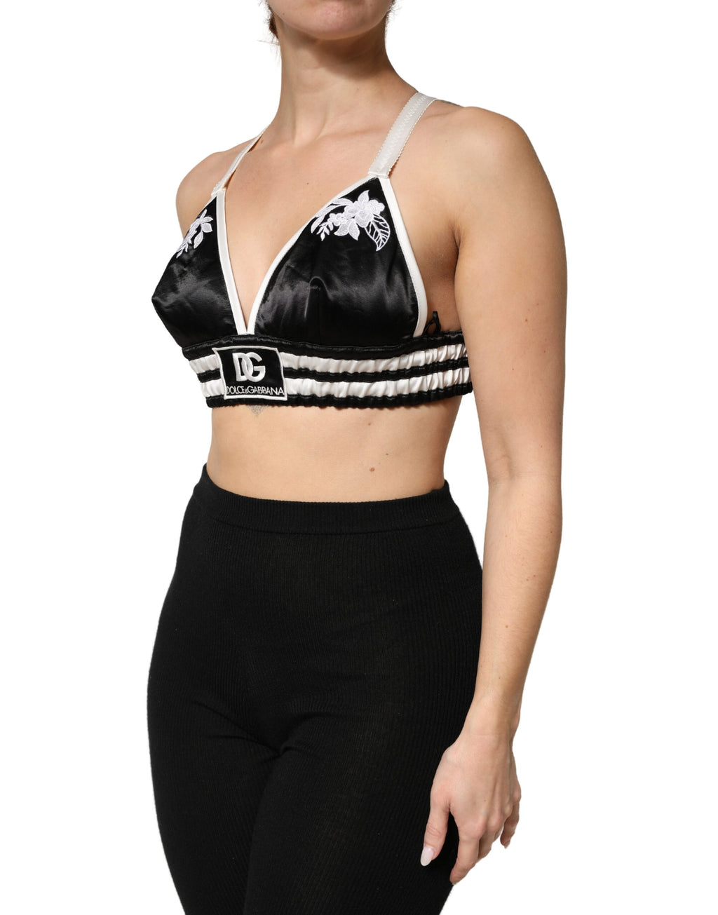 Dolce & Gabbana Black Floral Silk Satin Crop Logo Bralette Top - Eljoys Fashion 