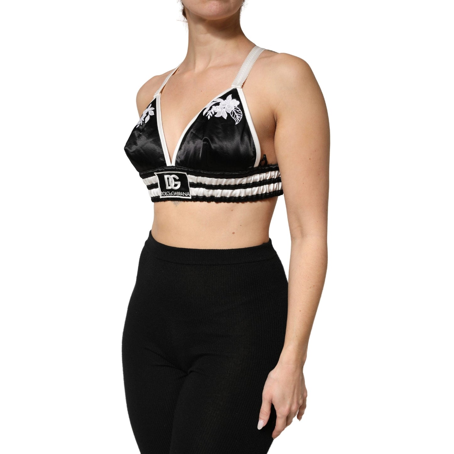 Dolce & Gabbana Black Floral Silk Satin Crop Logo Bralette Top