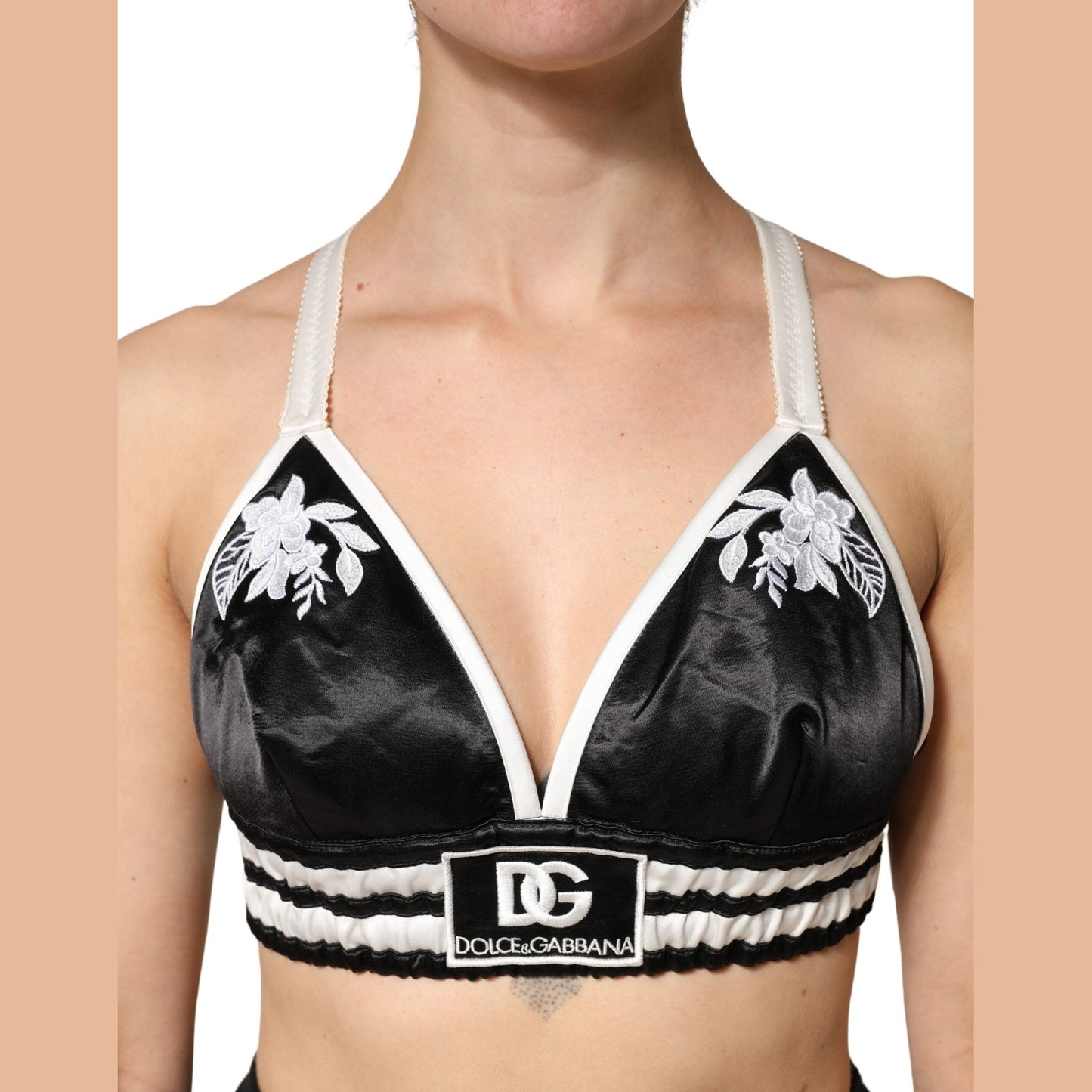 Dolce & Gabbana Black Floral Silk Satin Crop Logo Bralette Top