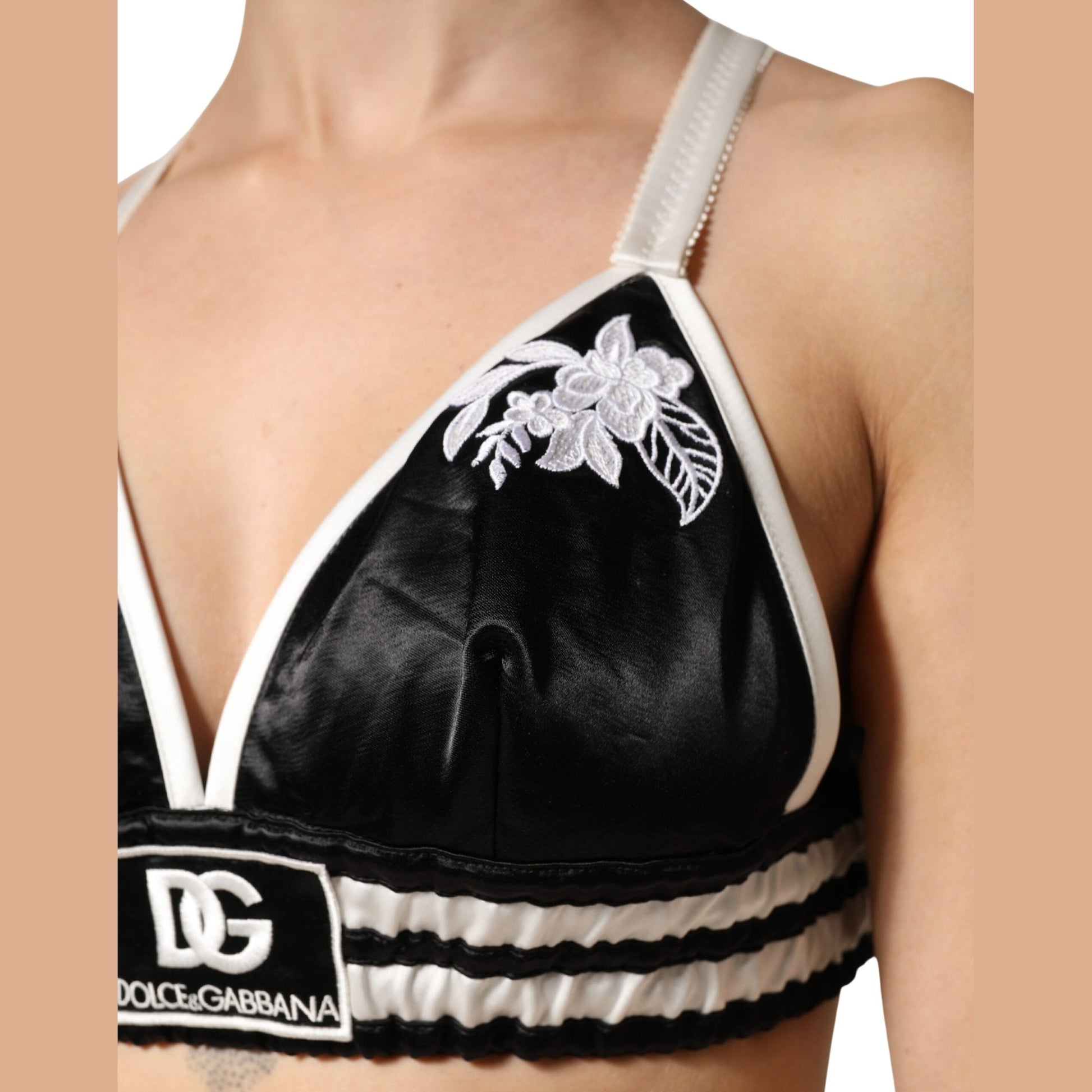 Dolce & Gabbana Black Floral Silk Satin Crop Logo Bralette Top