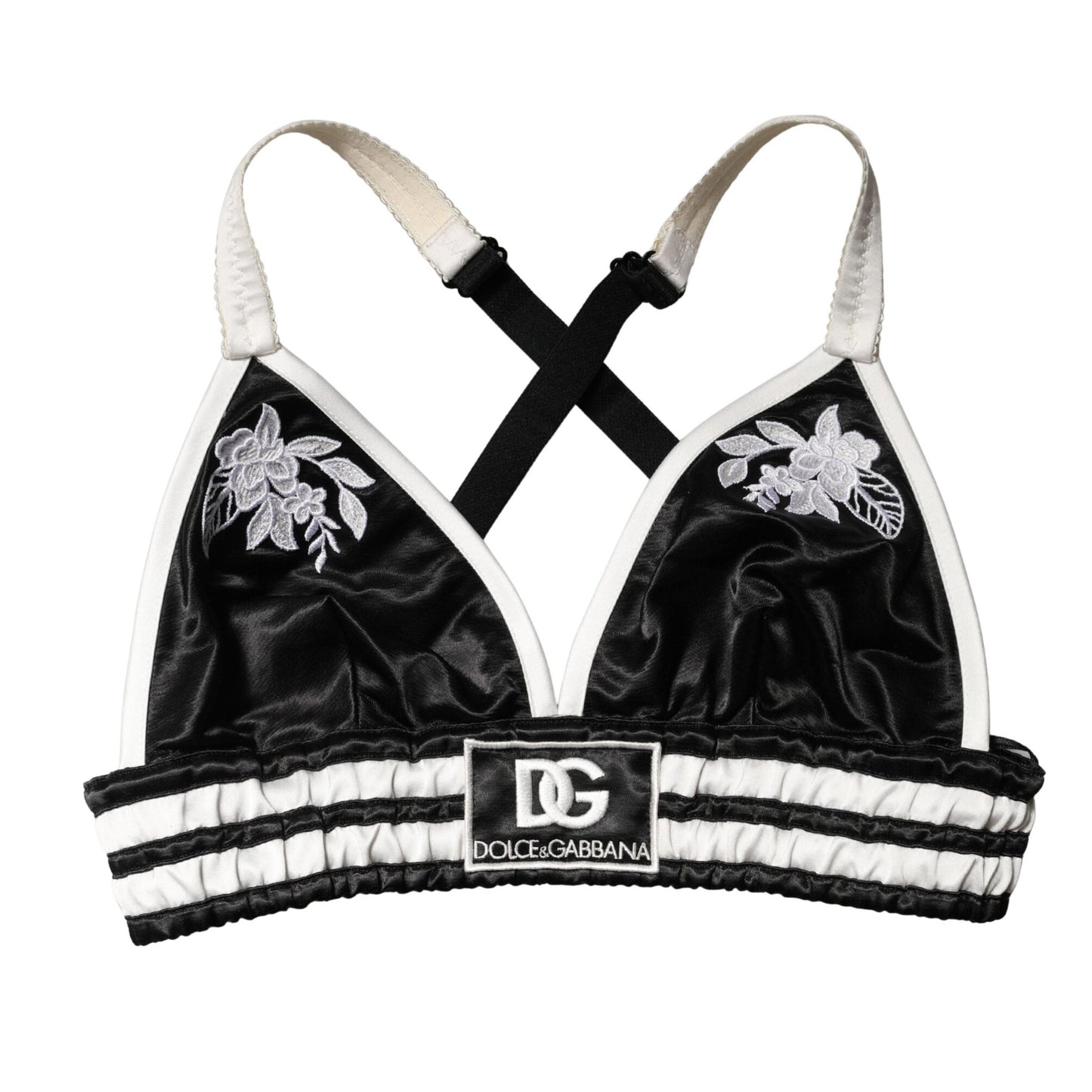 Dolce & Gabbana Black Floral Silk Satin Crop Logo Bralette Top