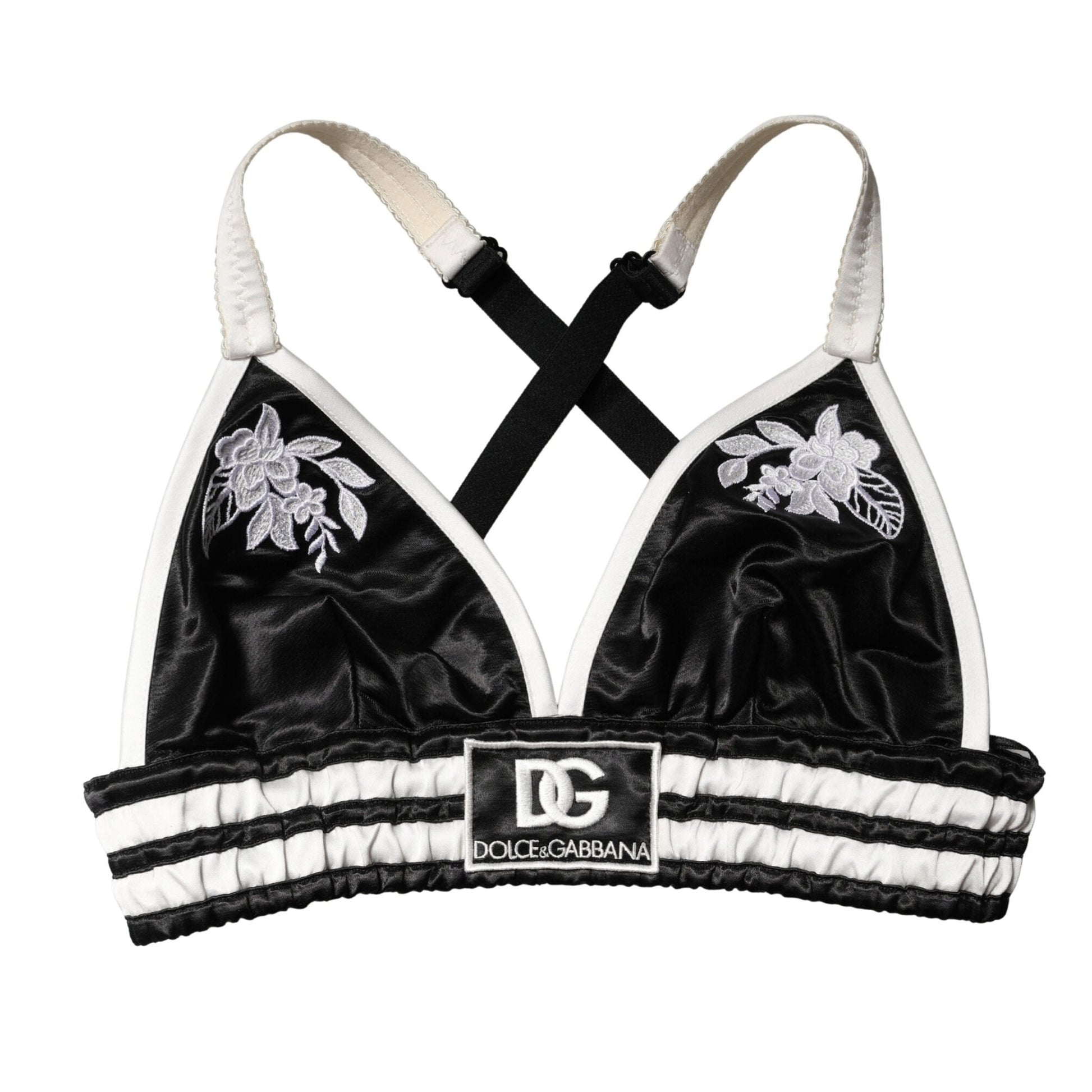 Dolce & Gabbana Black Floral Silk Satin Crop Logo Bralette Top