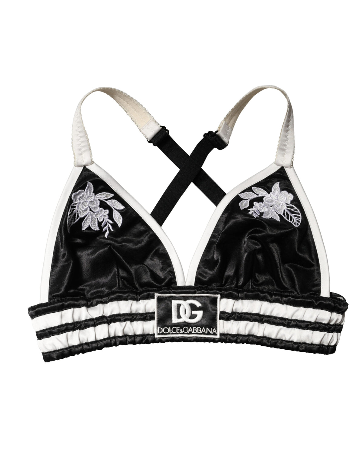 Dolce & Gabbana Black Floral Silk Satin Crop Logo Bralette Top - Eljoys Fashion 