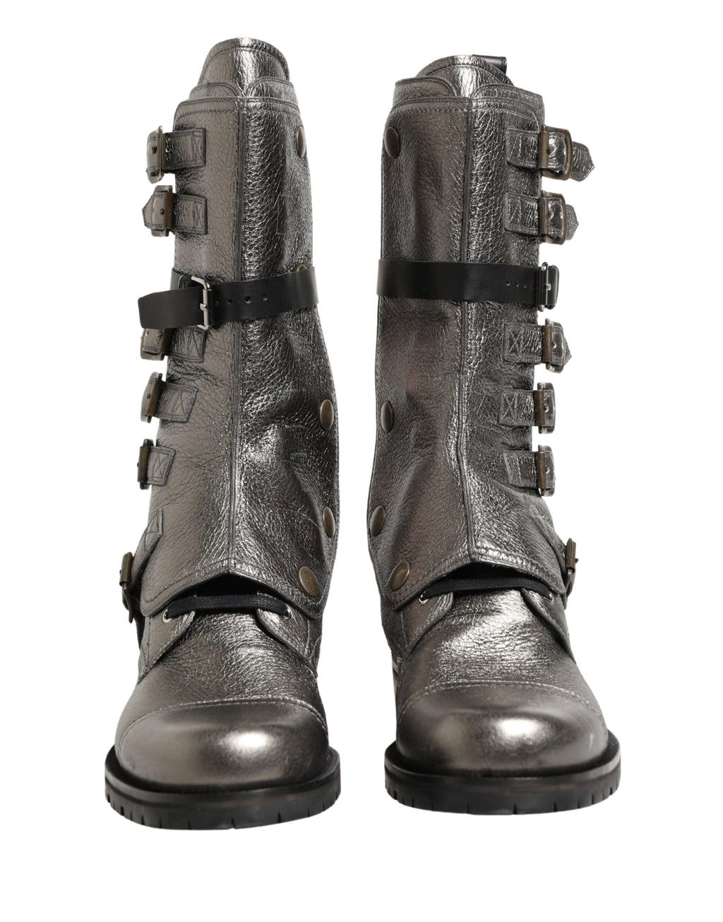 Dolce & Gabbana Metallic Leather Buckle Combat Boots Shoes - Eljoys Fashion 